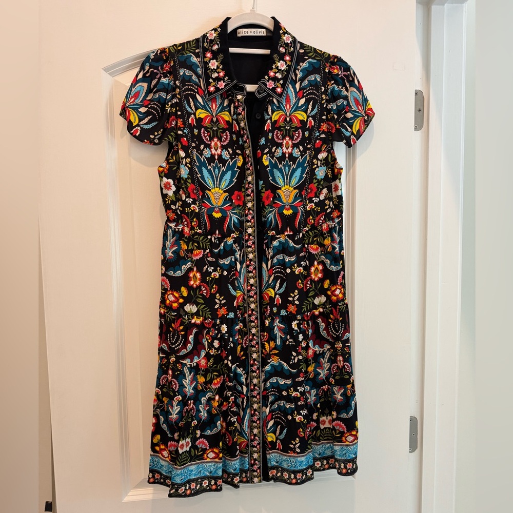 Alice & Olivia Embroidered Tiered Shirt Dress
